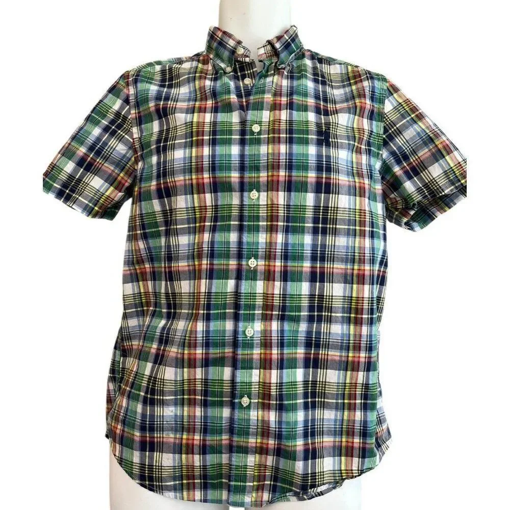 Ralph Lauren Boys Large 18-20 Colorful Plaid Short Sleeve Button Shirt Cotton